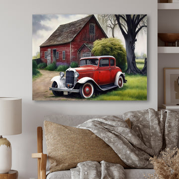 Old Vintage Car At The Barn - Car Old American Canvas Wall Art